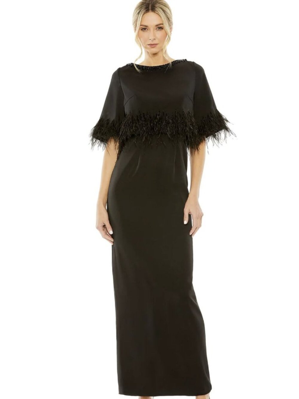 Mac Duggal Black Feather Beaded Short Sleeve Formal Gown Maxi Dress NWT Sz 10